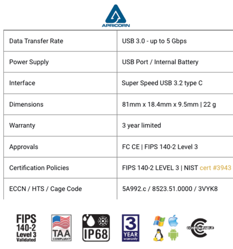 Apricorn Aegis Secure Key 3NXC 128GB | USB Flash Drive | Super Velocidade USB-C 3.2 Robusto | FIPS 140-2 256-Bits | Modo Administrador e Usuário Separados | Primeira Chave Flash Criptografada do Mundo - loja online