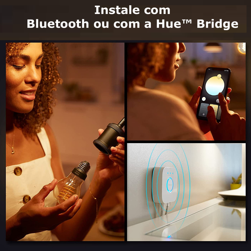 Philips Hue White Ambiance Dimmable Smart Filament A19 l Lâmpada LED de Filamento Vintage l 2ª Geração l Mais Brilhantes l Branco Quente a Branco Frio | Compatível com Alexa, Apple Homekit & Google Assistant | Funciona com Bluetooth e/ou com a Hue Bridge - Loja do Jangão - InterBros