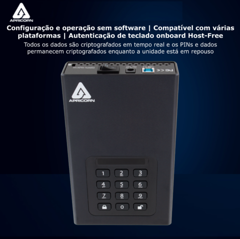 Apricorn 2 TB | USB 3.0 Hard Drive | Aegis Padlock AES-XTS 256-Bits | Disco Rígido Desktop | Criptografia de Grau Militar - Loja do Jangão - InterBros