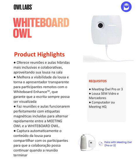 Image of Owl Labs MEETING OWL 3 360° 1080p + WHITEBOARD OWL Câmera de Lousa + EXPANSION MIC , Sistema de Videoconferência Inteligente