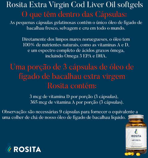 Rosita Extra Virgin Cod Liver Oil Softgels, Suplemento Alimentar Premium, Puro Óleo Extra Virgem de Fígado de Bacalhau, Made in Noruega - tienda online