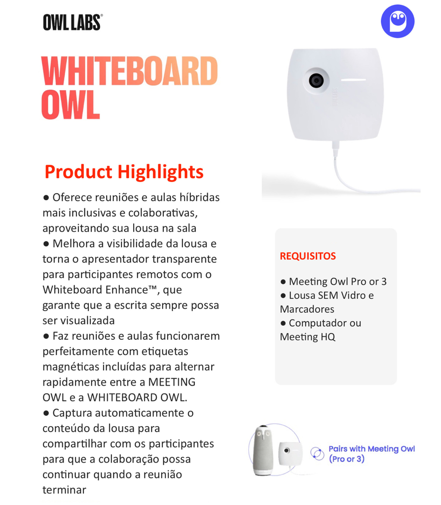 Owl Labs WHITEBOARD OWL Câmera de Lousa Videoconferência Inteligente Meeting Owl - online store