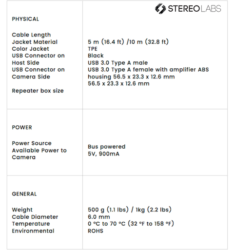 Stereolabs ZED 2 USB 3.0 Active Extension Cable 5 mts | Compatível com câmeras ZED 1 e ZED 2 | Retardante de chama | Resistência ao óleo | Resistência ao Frio | Propriedades Antienvelhecimento - loja online