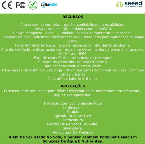 Sensecap Sensor Sem Fio | VWC EC | Temperatura do Solo | Protocolo Lorawan na internet