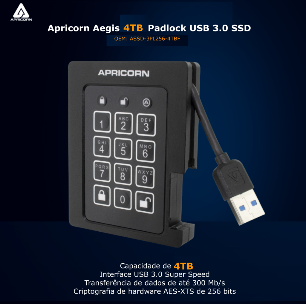 Apricorn Aegis 4 TB Padlock | SSD Portátil | USB 3.0 Robusto | Aegis Padlock FIPS 140-2 256-Bits | Criptografia de Grau Militar en internet