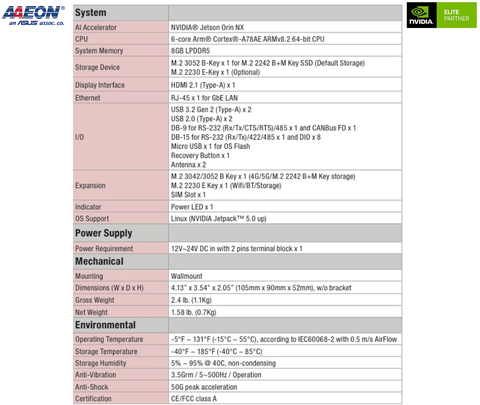 AAEON ASUS BOXER-8651AI , Computador Industrial , NVIDIA® Jetson Orin(TM) NX 8GB - loja online