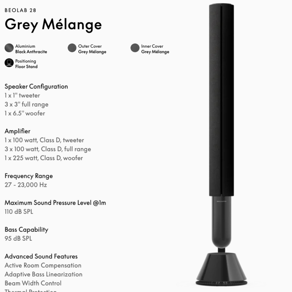 Bang & Olufsen Beolab 28 l Grey Melange l Wireless Stereo Speakers for Home Cinema l Som Estéreo de Grau de Estúdio l Aparências Elegantes l Grave Poderoso l 1.250 Watts l Wi-Fi & Bluetooth l Chromecast & Google Assistant Integrados l Compatível com Apple 2 & Spotify Connect l Recomendado para áreas de 15m² até 50m² - Loja do Jangão - InterBros