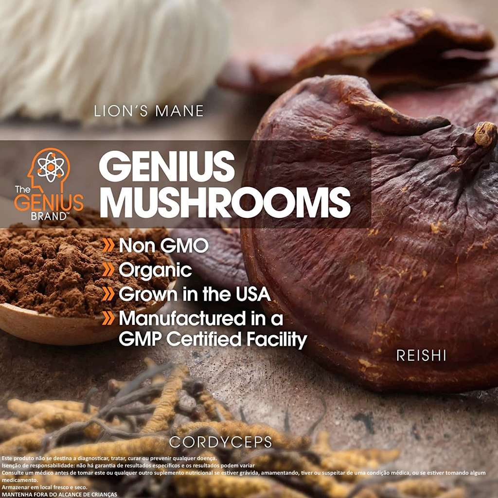 Image of Genius Mushroom Cogumelos Lions Mane (Juba de Leão), Cordyceps e Reishi Suplemento Nootrópico 180 Cápsulas Vegetais