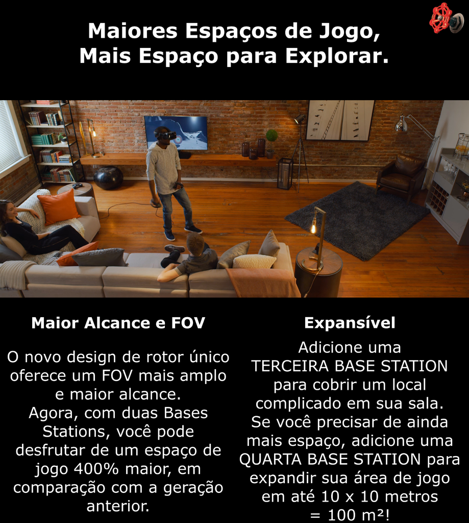 HTC Vive SteamVR Base Station 2.0 l Valve Index VR Base Station 2.0 + Suporte Teto l Potencializam a presença e a imersão da realidade virtual em escala de sala l Rastrear as localizações exatas do Headset e controllers