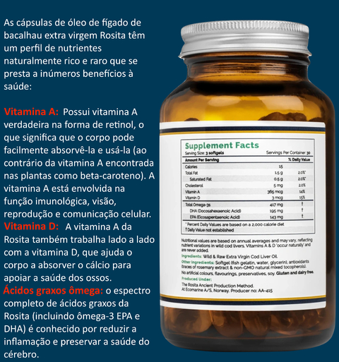 Imagen de Rosita Extra Virgin Cod Liver Oil Softgels, Suplemento Alimentar Premium, Puro Óleo Extra Virgem de Fígado de Bacalhau, Made in Noruega