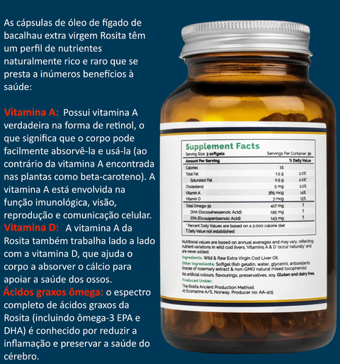 Image of Rosita Extra Virgin Cod Liver Oil Softgels, Suplemento Alimentar Premium, Puro Óleo Extra Virgem de Fígado de Bacalhau, Made in Noruega