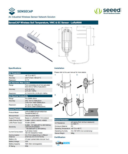 Sensecap Sensor Sem Fio | VWC EC | Temperatura do Solo | Protocolo Lorawan