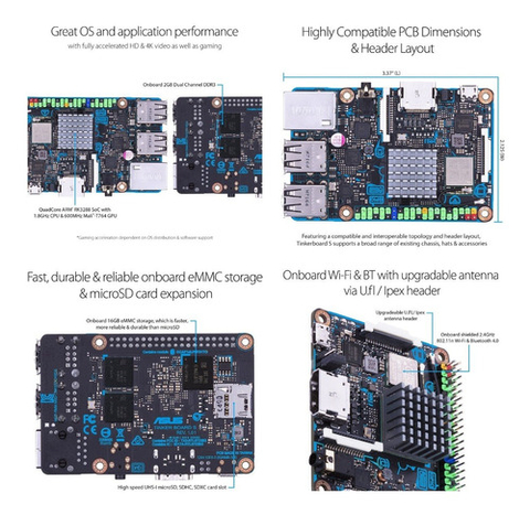 Asus Tinker Board S | 2GB Dual Channel DDR 3 | 16GB eMMC | Wi-Fi | Bluetooth | Rockchip Quad-Core RK3288 Processor - Loja do Jangão - InterBros