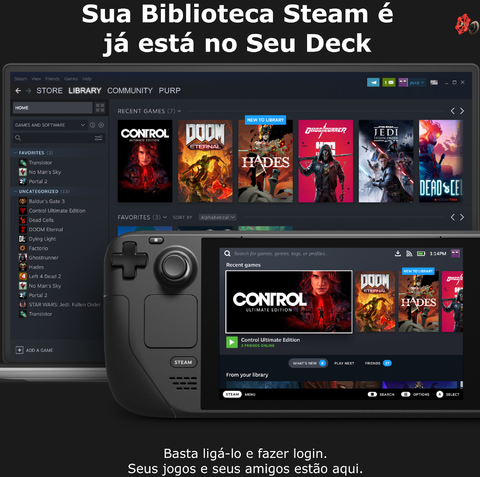 Imagem do Valve Handheld Steam Deck l 7" Touchscreen l All-in-one portable PC gaming l Full-featured gaming PC l PC Gamer Portátil l Recursos completos de PC l O portátil para jogos mais poderoso e completo do mundo l O dispositivo gamer mais esperado dos últimos anos