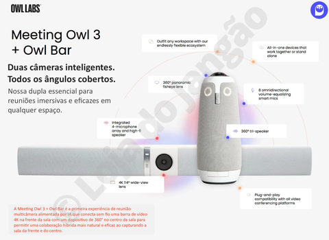 Owl Labs Meeting Owl 3 360° 1080p + OWL BAR 4K Frontal + Expansion Mic , Sistema Multi-Câmera de Videoconferência Inteligente - Loja do Jangão - InterBros