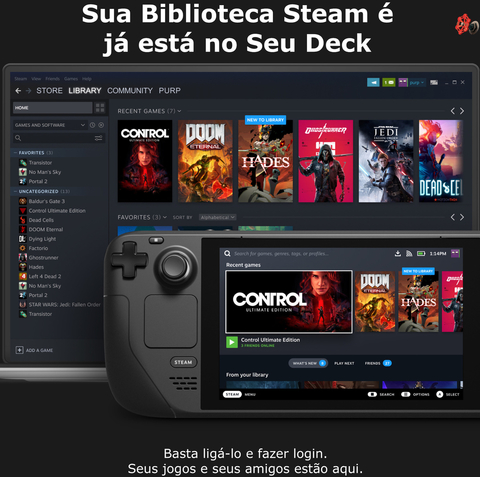 Imagem do Valve Handheld Steam Deck l 512GB NVMe SSD l 7" Touchscreen l All-in-one portable PC gaming l Full-featured gaming PC l PC Gamer Portátil l Recursos completos de PC l O portátil para jogos mais poderoso e completo do mundo l O dispositivo gamer mais esperado dos últimos anos