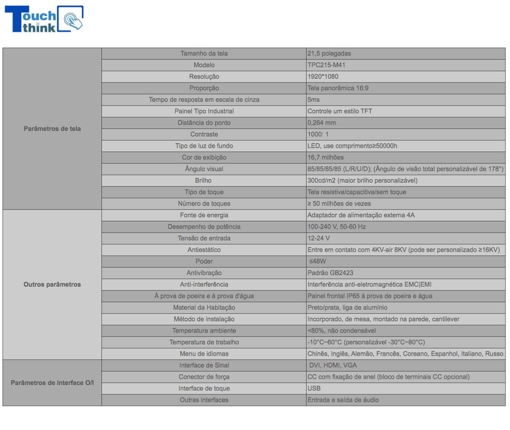 Imagem do Touch Think Monitor Industrial 21.5" LCD IP65 True Flat Capacitive Touch Screen TPC215-M41