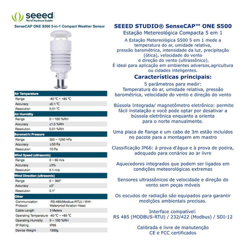 SenseCAP ONE S500 5-in-1 Compact Weather Sensor , Estação Metereológica Compacta , Protocolo RS 485 , Protocolo Lorawan , 101990693 na internet