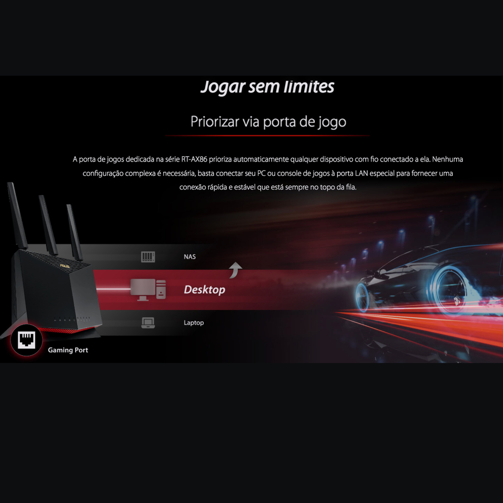 ASUS RT-AX86U AX5700 Wireless Dual-Band Gigabit Gaming Router l Roteador Gamer l Projetado para games online e móveis l 2 portas USB 3.2 l Cobertura de até 600 m² l Incluída Segurança de Internet Vitalícia l Compatível com PS5 na internet