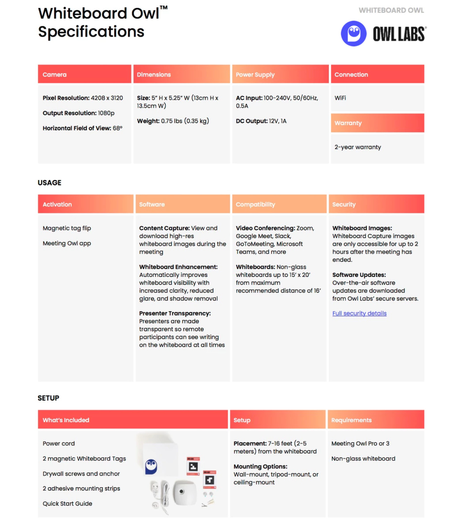 Image of Owl Labs MEETING OWL 3 360° 1080p + WHITEBOARD OWL Câmera de Lousa + EXPANSION MIC , Sistema de Videoconferência Inteligente