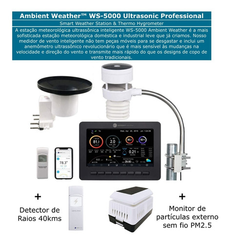 Ambient Weather Estação Metereológica Ultrassônica Professional WiFi | Detector de Raios e Tempestades | Sensor de Qualidade Do Ar | Compatível com Alexa e Google | Internet Conectada - buy online