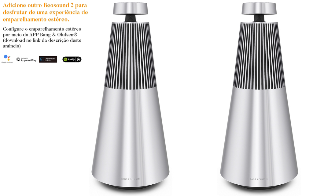 Bang & Olufsen Beosound 2 l 2-Pack l Natural Aluminium l Wireless Multiroom Speaker l Auto Falante Multi-Room 360º l Acoustic Lens Technology l WiFi & Bluetooth l Chromecast & Google Assistant Integrados l Compatível com Apple 2 & Spotify Connect l Recomendado para áreas de 10m² até 120m² - Loja do Jangão - InterBros