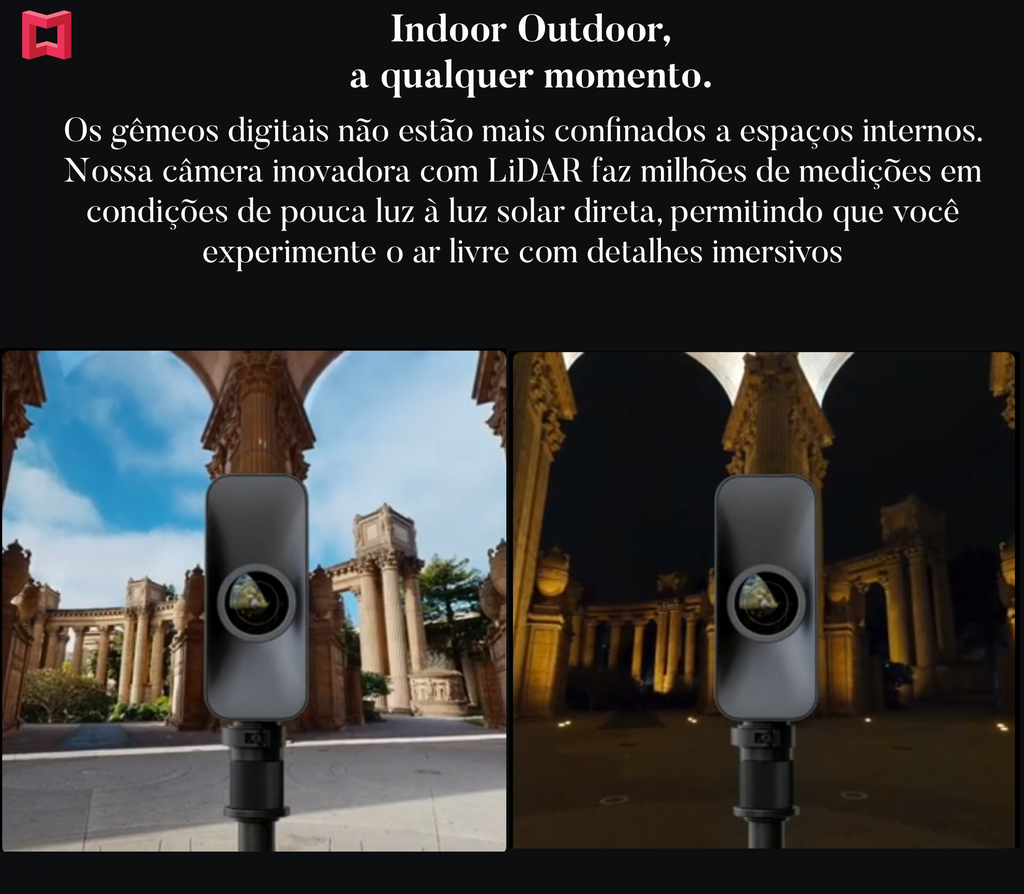 Matterport MC300 Pro3 3D Digital Camera l Lidar Scanner l 134.2 megapixels l < 20 segundos por scan l para Criar experiências profissionais de Tour Virtual em 3D com visualizações 360º l Fotografia 4K de espaços internos e externos com precisão confiável l iOS & Android