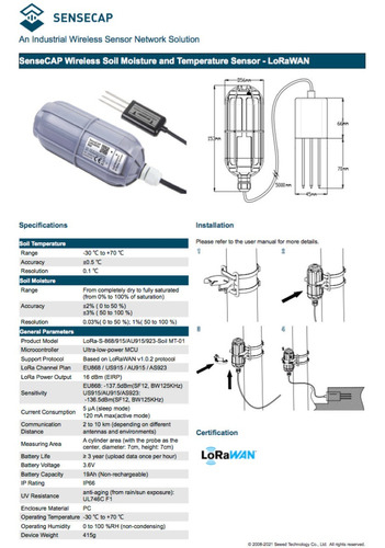 Sensecap Sensor Sem Fio | Sensor de Umidade & Temperatura do Solo | Protocolo Lorawan - loja online