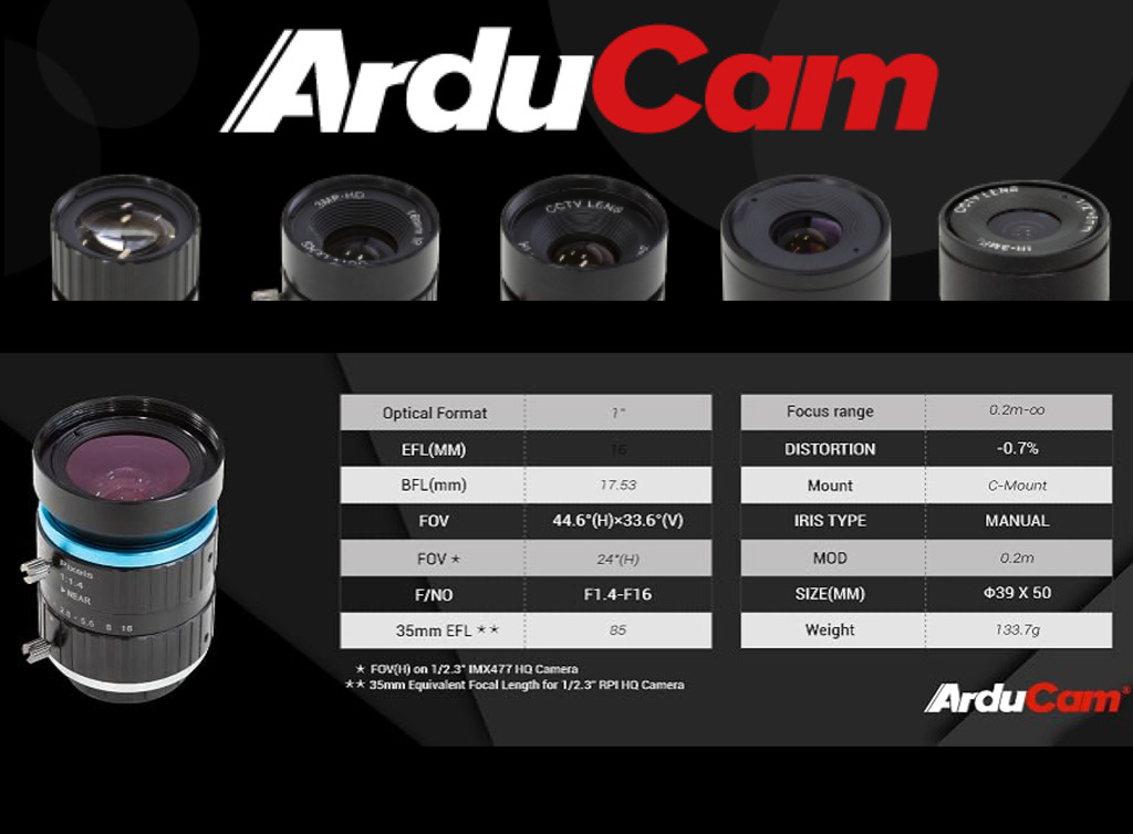 Arducam C-Mount Lens for 12MP IMX477 Raspberry Pi HQ Camera, 16mm Focal Length with C-CS Adapter，Manual Focus and Aperture Adjustment , LN046 na internet