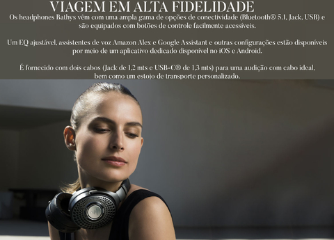 Focal Bathys l Hi-Fi Alta Fidelidade l Bluetooth Over Ear Headphones l Drivers de 40mm l DAC e amplificador integrados l Active Noise Cancellation l Qualcomm aptX l Alexa Integrada l Compatível com Google Assistant l Até 42 horas de bateria