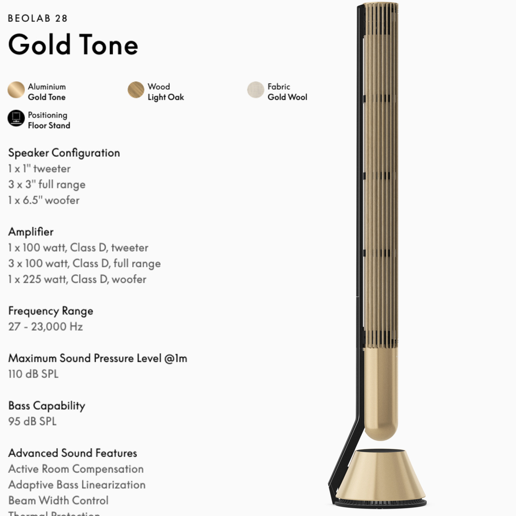 Imagem do Bang & Olufsen Beolab 28 l Gold Oak l Wireless Stereo Speakers for Home Cinema l Som Estéreo de Grau de Estúdio l Aparências Elegantes l Grave Poderoso l 1.250 Watts l Wi-Fi & Bluetooth l Chromecast & Google Assistant Integrados l Compatível com Apple 2 & Spotify Connect l Recomendado para áreas de 15m² até 50m²