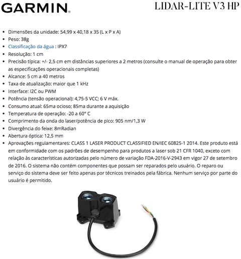 Garmin LIDAR-LITE V3 l LIDAR-LITE V3 HP l Sensor Laser l Sensor óptico de alcance e proximidade l Drones, Robôs e UAVs l Alcance de 40 mts on internet