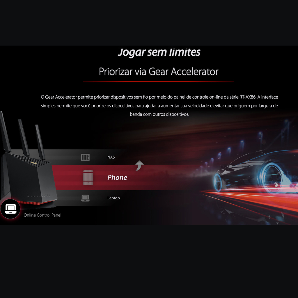 ASUS RT-AX86U AX5700 Wireless Dual-Band Gigabit Gaming Router l Roteador Gamer l Projetado para games online e móveis l 2 portas USB 3.2 l Cobertura de até 600 m² l Incluída Segurança de Internet Vitalícia l Compatível com PS5 - Loja do Jangão - InterBros