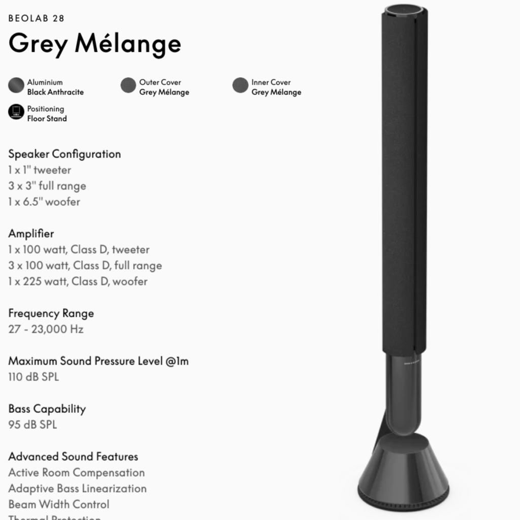 Imagem do Bang & Olufsen Beolab 28 l Grey Melange l Wireless Stereo Speakers for Home Cinema l Som Estéreo de Grau de Estúdio l Aparências Elegantes l Grave Poderoso l 1.250 Watts l Wi-Fi & Bluetooth l Chromecast & Google Assistant Integrados l Compatível com Apple 2 & Spotify Connect l Recomendado para áreas de 15m² até 50m²