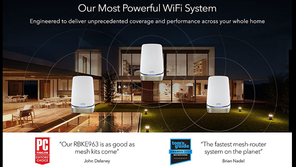 Imagem do Netgear Orbi 900 Series Quad-Band l WiFi 6e Mesh 10.8Gbps RBKE964 , RBKE963, RBKE962, RBSE960, Até 200 Dispositivos