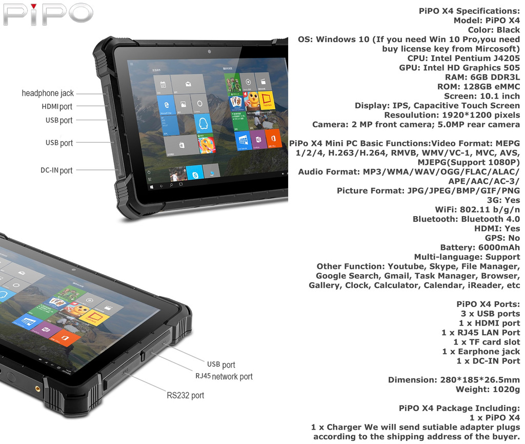 PiPO X4 , Windows 10 , Display 10.1" , IP67 Rugged Tablet , Intel Pentium 6GB 128GB , Waterproof - buy online