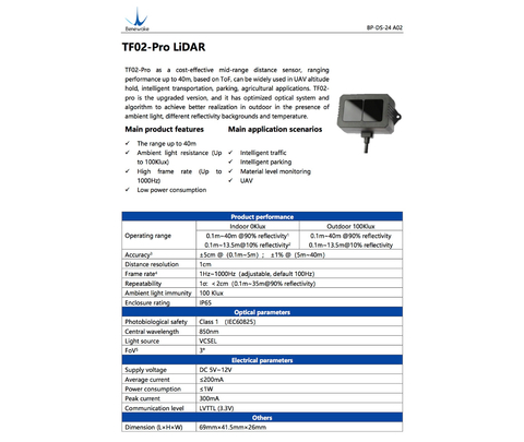 Benewake TF02-Pro Single-Point Ranging Lidar IP65 40m Laser LiDAR - comprar online