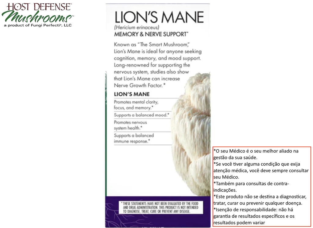 Host Defense Lion's Mane (Juba de Leão) Capsules Promove Clareza Mental, Foco e Memória Suplemento de Cogumelo 120 Cápsulas - Loja do Jangão - InterBros