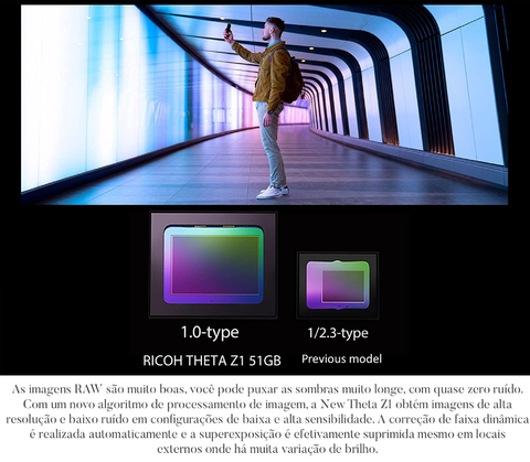 RICOH THETA Z1 51GB Câmera 360° l Dois sensores CMOS retroiluminados de 1,0 polegadas l Memória interna de 51 GB l Imagens de 23 MP l Vídeo 4K com estabilização de imagem l HDR, transferência sem fio de alta velocidade on internet