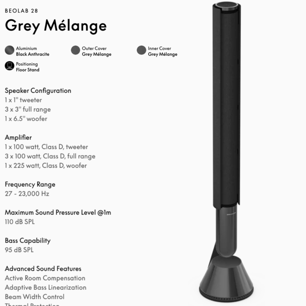 Bang & Olufsen Beolab 28 l Grey Melange l Wireless Stereo Speakers for Home Cinema l Som Estéreo de Grau de Estúdio l Aparências Elegantes l Grave Poderoso l 1.250 Watts l Wi-Fi & Bluetooth l Chromecast & Google Assistant Integrados l Compatível com Apple 2 & Spotify Connect l Recomendado para áreas de 15m² até 50m²