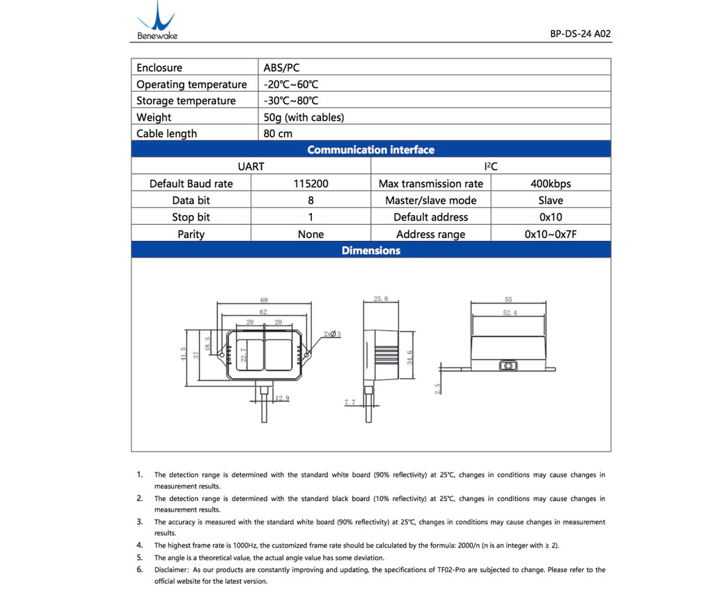 Benewake TF02-Pro Single-Point Ranging Lidar IP65 40m Laser LiDAR en internet