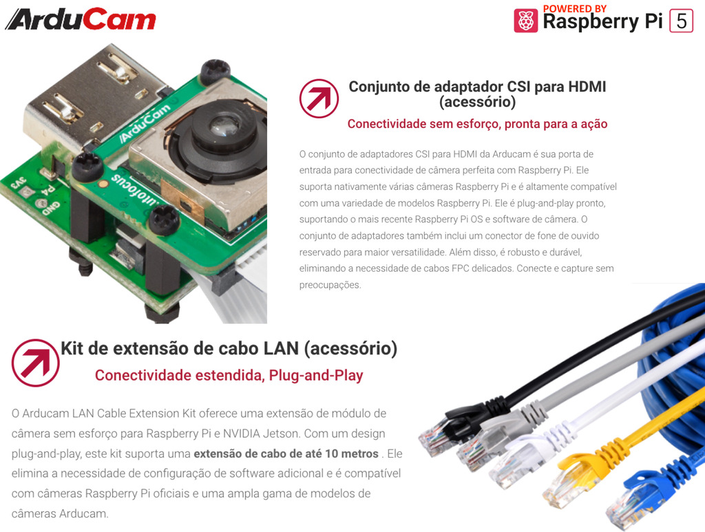 Arducam 64MP Motorized Focus USB 3.0 Camera Module , Raspberry Pi 5 , com Case , B0475C - Loja do Jangão - InterBros