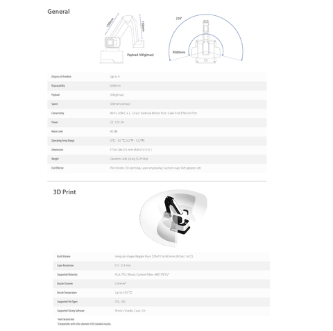 Image of Rotrics Dexarm All-in-one Desktop Robot Arm , Braço Robótico Versátil de Mesa Tudo-em-um , Gravador a Laser, Cortador a Laser , Impressora 3D , e Suporte para Caneta , Alta precisão e expansibilidade