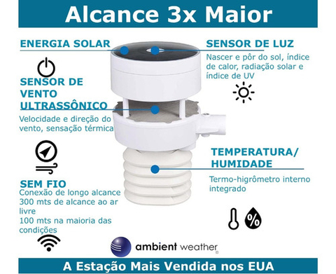 Ambient Weather WS-5000 Estação Metereológica Ultrassônica WiFi | Sensor Detector de Raios e Tempestades | Case Outdoor de Proteção para o Higrômetro | Alcance de 300 metros | Compatível com Alexa e Google | Internet Conectada - Loja do Jangão - InterBros