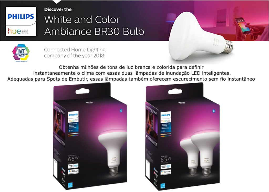 Philips Hue White and Color Ambiance BR30 65W | 3ª Geração | Bluetooth Smart Flood Light | Lâmpada Spot de Embutir | Compatível com Alexa, Apple Homekit & Google Assistant | Funciona com Bluetooth e/ou com a Hue Bridge l Kit2 - Loja do Jangão - InterBros