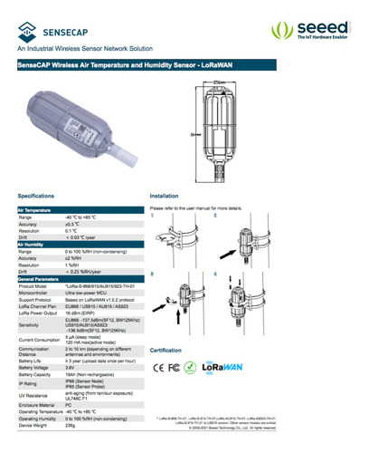 SenseCap Sensor Temperatura & Umidade | Protocolo Lorawan | Vida útil da bateria no Mínimo de 8 anos | Cobertura de até 10 Kms na internet