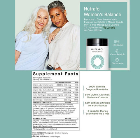 Nutrafol Women Balance Suplemento Capilar | 100% Natural | Para Cabelos Mais Grossos e Fortes | Durante a Peri e Pós-Menopausa | 120 Cápsulas | Tratamento de 1 Mês