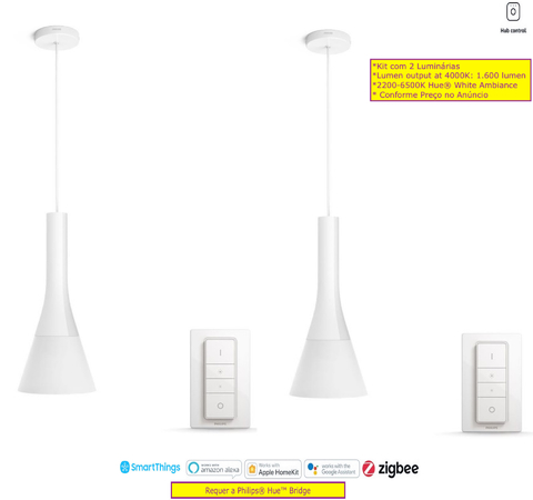 Philips Hue White Ambiance Explore l Smart LED Pendant l Luminária Inteligente Pendente l Alto Fluxo Luminoso de até 2.400 lumen l Copas, Cozinhas, Sala de Jantar, Escritório, Cabeceira l Compatível com Alexa, Apple Homekit & Google Assistant l Requer Hue Bridge