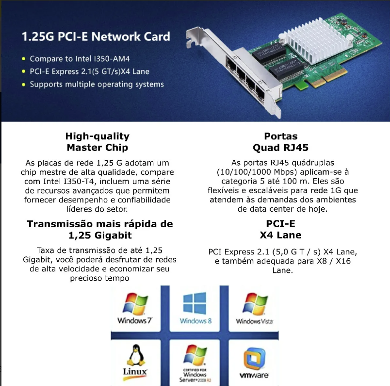 HP Placa de Rede NC365T 4-Port PCI-E Ethernet Server Adapter