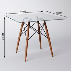 CONJUNTO DE MESA EAMES QUADRADA 95CM TAMPO DE VIDRO COM 4 CADEIRAS BRANCAS